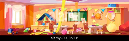 Sala dell'asilo disordinata con giocattoli sparsi su un pavimento di legno. Interni luminosi e sporchi con bandiere colorate appese sopra, bacheca con disegni, angolo playhouse e tavolini con sedie. Illustrazione Vettoriale