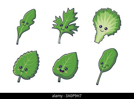 Erbe fresche. Caratteri delle erbe Kawaii, foglie, rami di rucola, menta, basilico, spinaci, lattuga. Adesivi con icone vettoriali dei cartoni animati. Raccolta di erbe Illustrazione Vettoriale