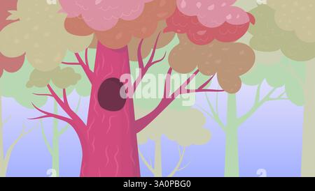 Magico paesaggio forestale. Albero fantasy con buco per animali selvatici o uccelli. Sfondo dei cartoni animati, ambientazione da favola per libri o giochi, scena vettoriale Illustrazione Vettoriale