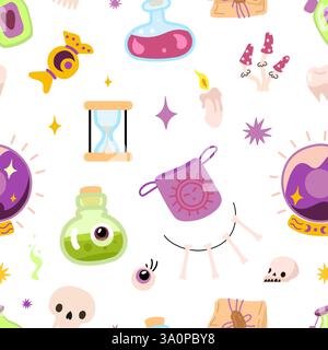 Witchcraft magical elements seamless pattern. Witch tools and equipment, crystal ball, poison bottles and mushroom, skull and candle, vector Illustrazione Vettoriale