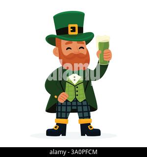 Illustrazione piatta di un uomo allegro in un tradizionale costume di San Patrizio con una tazza di birra verde smeraldo isolata su sfondo bianco Illustrazione Vettoriale