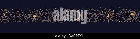 Sole, luna, nuvole. Una linea sottile continua. Clima nuvoloso, vento e cielo in uno stile minimal. Previsioni del tempo. Energia pulita, ecologia. Dorato vettoriale Illustrazione Vettoriale