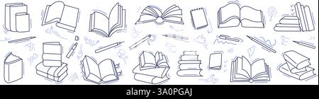 Ha aperto e chiuso libri per l'istruzione, la conoscenza, la letteratura a scuola. Illustrazione con linee disegnate a mano su sfondo bianco. Enciclopedia, storia, dizione Illustrazione Vettoriale