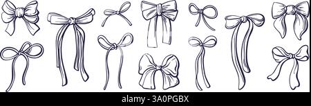 Collezione Bow Doodle. Nastri vettoriali artistici, fiocchi di seta per la decorazione di scatole regalo, nodi presenti e confezione avvolgente isolata su sfondo bianco. Bowknot per due Illustrazione Vettoriale