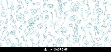 Fiori blu astratti motivo senza cuciture. Piante botaniche di lino. Campo di Meadow. Decorazioni in giardino primaverili. Stampa lineare minimalista per un look cosmetico organico Illustrazione Vettoriale