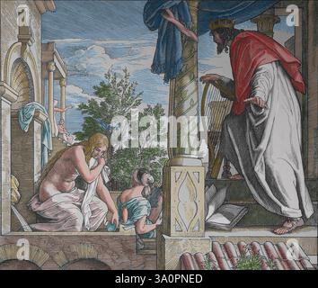 Vecchio Testamento. Re Davide e Bathsheba al suo bagno. II Libro di Samuele. Illustrazione di J. Schnorr von Carolsfeld. "La Bibbia dei quadri", 1852-60. Foto Stock