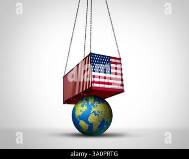 La pressione economica globale DEGLI STATI UNITI e la guerra commerciale degli stati Uniti o le tariffe americane sui partner commerciali mondiali come un container merci che sconvolge il mondo Foto Stock