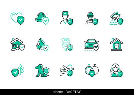 Assicurazione e protezione contro gli incidenti - serie di icone stile design di linea Illustrazione Vettoriale