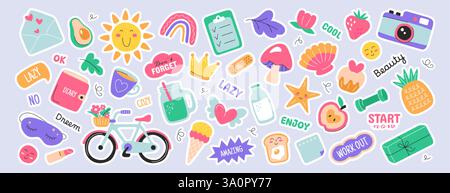 Adorabili adesivi diari. Set piatto di etichette per la pianificazione quotidiana alla moda, icone degli album. Elementi decorativi e scritte con foglie, macchina fotografica, bevande da fare, agenda o organizzatore. Illustrazione Vettoriale