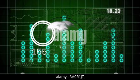 Visualizzazione digitale dei dati con grafici e grafici sull'immagine della mappa mondiale Foto Stock