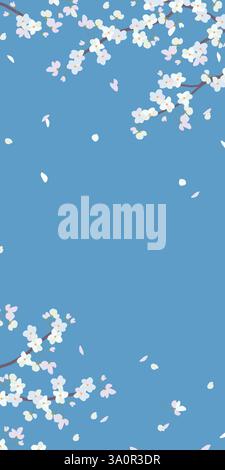 Striscione verticale con rami in fiore di ciliegio. sakura vettoriale in stile piatto. Design primaverile per biglietti d'auguri. Fiori delicati isolati su sfondo blu. Illustrazione Vettoriale