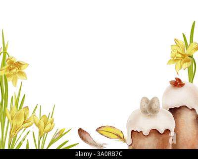 Modello pasquale, narcisi acquerelli, croci, torte pasquali, mandorle, uova di quaglia, piume gialle e marroni. Toni pastello delicati, design dipinto a mano Foto Stock