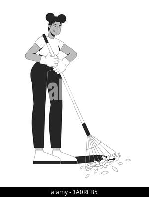 Donna nera che rastrella le foglie autunnali cadute nel personaggio linea 2D. Illustrazione Vettoriale