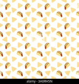 Patatine Nacho triangolari, carne e verdure ripiene di Taco Seamless Pattern Mexican Food idea di fondo. Sfondo per illustrazioni vettoriali isolate, confezionamento, consegna o banner promozionale Web, opuscolo, scheda menu Illustrazione Vettoriale