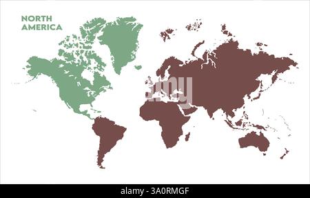 Mappa del Nord America, evidenziata sulla mappa del mondo, Nord America sulla mappa del mondo, Vista satellitare, Nord America posizione sul globo. Illustrazione Vettoriale