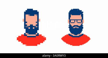 Due personaggi barbuti di pixel art con occhiali in stile semplice Illustrazione Vettoriale