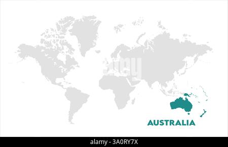 Mappa dell'Australia, evidenziata sulla mappa del mondo, Australia sulla mappa del mondo, Vista satellitare, Australia posizione sul globo. Illustrazione Vettoriale