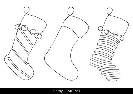 Calze natalizie disegno artistico continuo su una linea, illustrazione vettoriale collezione natalizia Illustrazione Vettoriale