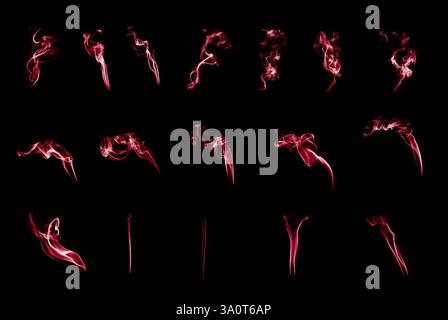 Nella foto vengono mostrate varie forme di fumo che salgono verso l'alto e creano motivi intricati. Le forme di fumo variano da sottili e delicate a spesse Foto Stock