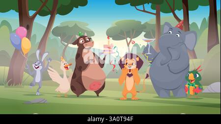 Compleanno degli animali. Sfondo cartoni animati con animali da festa che tengono torte diverse deliziose caramelle e regali modello vettoriale esatto Illustrazione Vettoriale