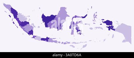 Mappa dell'Indonesia con le regioni. Solo una semplice mappa di confine con la divisione della regione. Tavolozza di colori viola intenso. Illustrazione Vettoriale