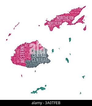 Forma delle Fiji. Cloud di parole del paese con divisione regionale. Illustrazione a colori delle Fiji. Fumetto nomi area. Illustrazione vettoriale. Illustrazione Vettoriale