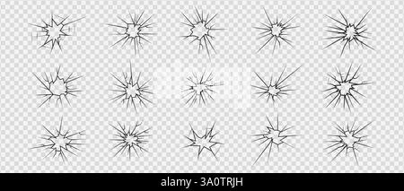 Set di icone per vetri rotti, sagoma di crepe e rotture lineari, vetro rotto o ghiaccio, disegni astratti vettoriali Illustrazione Vettoriale