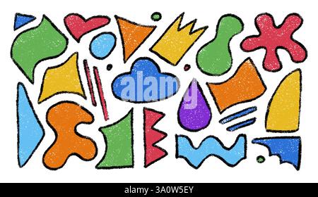 Set di forme organiche astratte disegnate a mano con pastello. Set di scarabocchi per matite di cera. Figure, corona, nuvola, bolle in stile schizzo. Design per bambini ele Illustrazione Vettoriale