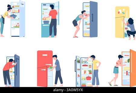 Persone e frigo. Uomini e donne che usano il frigorifero, cercano spuntini e cibo, preparano pasti da cucina. Frigoriferi nella cucina di casa, routine quotidiana di mangiare di recente Illustrazione Vettoriale