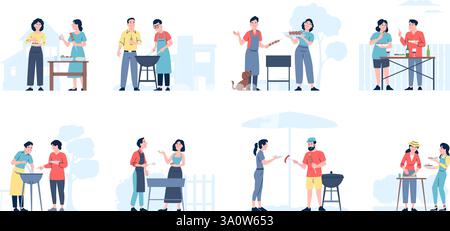 Gente al barbecue. Barbecue all'aperto, famiglia e amici grigliando carne salsicce verdure e mangiando insieme. Picnic estivo con bevande, vettore recente Illustrazione Vettoriale