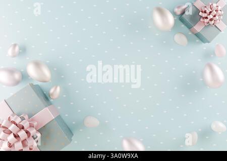 Scena pasquale con regali decorativi e uova color pastello su un morbido sfondo blu. rendering 3d. Foto Stock