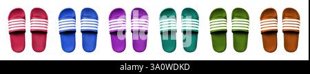 Set di ciabatte colorate in gomma. Nuova collezione di sandali slide isolati su sfondo bianco. Infradito da spiaggia per le calde vacanze estive. Foto Stock