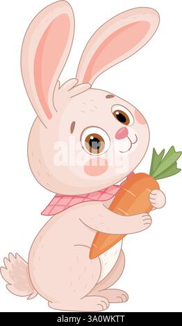 L'adorabile coniglietto pasquale abbraccia una grande carota. Icona isolata in stile piatto e alla moda disegnata a mano. Coniglio o lepre con carota matura e succosa, carattere natalizio per le festività primaverili. Illustrazione vettoriale Illustrazione Vettoriale