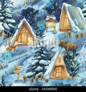 Paesaggio invernale nella foresta notturna con case in legno triangolari, alberi, ciaspole, fiume, volpi e alci. Illustrazione disegnata a mano in acquerello Foto Stock