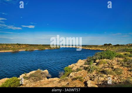 La foce di Yardie Creek nel Cape Range National Park, Australia Occidentale. Rocce con vegetazione dell'entroterra, in lontananza l'Oceano Indiano Foto Stock