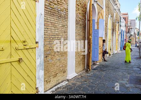 Charlotte Amalie, Saint St. Thomas, Isole Vergini americane USVI, Dronningens Gade, Main Street, quartiere storico, architettura coloniale danese, edifici in mattoni, c Foto Stock