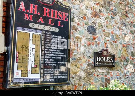 Charlotte Amalie, Saint St. Thomas, Isole Vergini americane USVI, A.. Centro commerciale h. Riise, elenco dei negozi, mappa, elenchi di negozi, Rolex store, shopping di lusso, duty free, Foto Stock