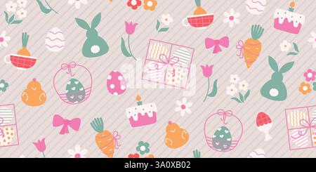 Simpatiche e semplici uova natalizie di pasqua, coniglio, pulcino, fiori senza cuciture. Sfondo primaverile astratto e luminoso per carta e striscioni per le festività pasquali Illustrazione Vettoriale