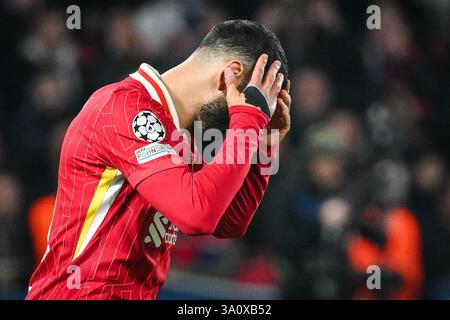 Mohamed SALAH del FC Liverpool sembra sgretolato durante la UEFA Champions League, turno dei 16, partita di calcio di 1a tappa tra il Paris Saint-Germain e il Liverpool FC il 5 marzo 2025 allo stadio Parc des Princes di Parigi, in Francia Foto Stock