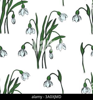 Motivo senza cuciture con gocce di neve che fioriscono con foglie. Ornamento artistico floreale disegnato a mano. Illustrazione vettoriale con sfondo naturale per stampa, tessuto, tessuto Illustrazione Vettoriale