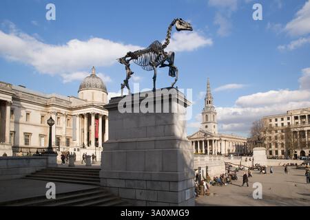 Una scultura in metallo dello scheletro di cavallo si trova su un plinto in Trafalgar Square, Londra, di fronte alla National Gallery. La gente si rilassa e cammina per la piazza Foto Stock