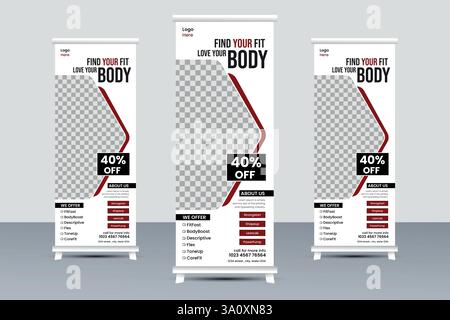 Palestra moderna e creativa, Roll-up pull-up Standee X-Banner, modello di design per segnaletica per promozione aziendale, annunci di bodybuilding alla moda Illustrazione Vettoriale