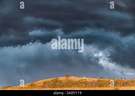 Tempeste serali che attraversano la campagna di Blayney, nel centro-ovest del nuovo Galles del Sud, Australia. Foto Stock