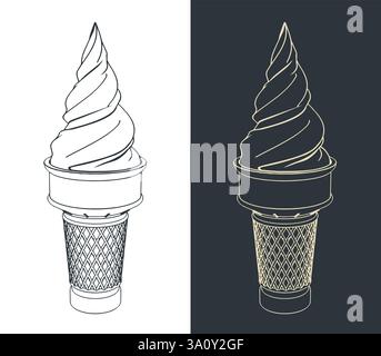 Gelato in un cono di cialda con illustrazioni vettoriali stilizzate Illustrazione Vettoriale