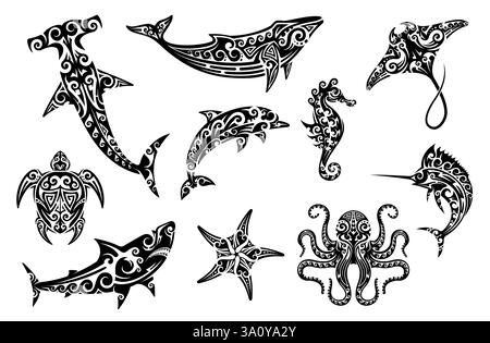 Set di tatuaggi di animali tribali Maori con sagome nere di creature marine con motivi vorticosi. Squalo martello vettoriale, stella, balena, delfino e mare Illustrazione Vettoriale