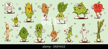 Cartoni animati che mostrano espressioni e gesti giocosi. persone salutari e divertenti. Mais vettoriale, peperone, cipolla, garl Illustrazione Vettoriale