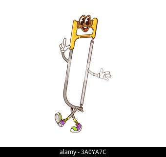 Utensile da lavoro scanalato o personaggio fai da te, seghetto a spirale con faccia divertente, sega vettoriale. Seghetto o seghetto scanalato con sorriso allegro e funky per la falegnameria buildi Illustrazione Vettoriale