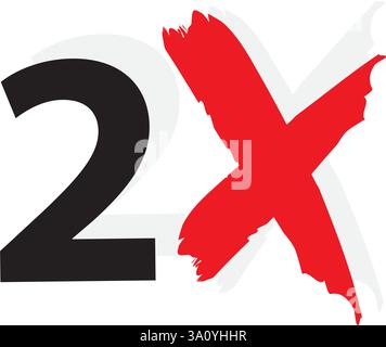 2x icona con il logo. Lettera di testo x2, simbolo di logotipo doppio più veloce. Illustrazione Vettoriale
