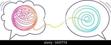Groviglio di pensieri. Stress, soluzione semplice. Semplificare i processi complessi. Due bolle vocali icone di conversazione con linee di demarcazione. Allenatore. Psicologo co Illustrazione Vettoriale