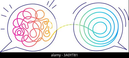 Groviglio di pensieri due bolle di discorso icone di conversazione con linee di scarabocchi. Allenatore. Consulenza psicologa o brainstorm per la risoluzione dei problemi mentali. Str Illustrazione Vettoriale